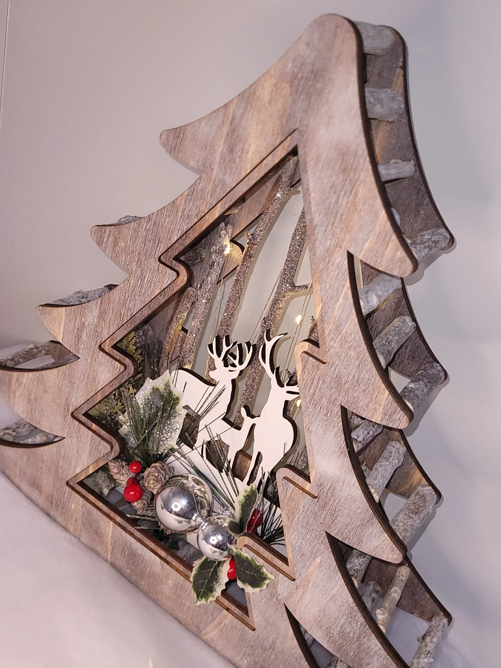 Wood Effect Christmas Tree 38cm with Deer Scene and Warm White LEDs - Image 6