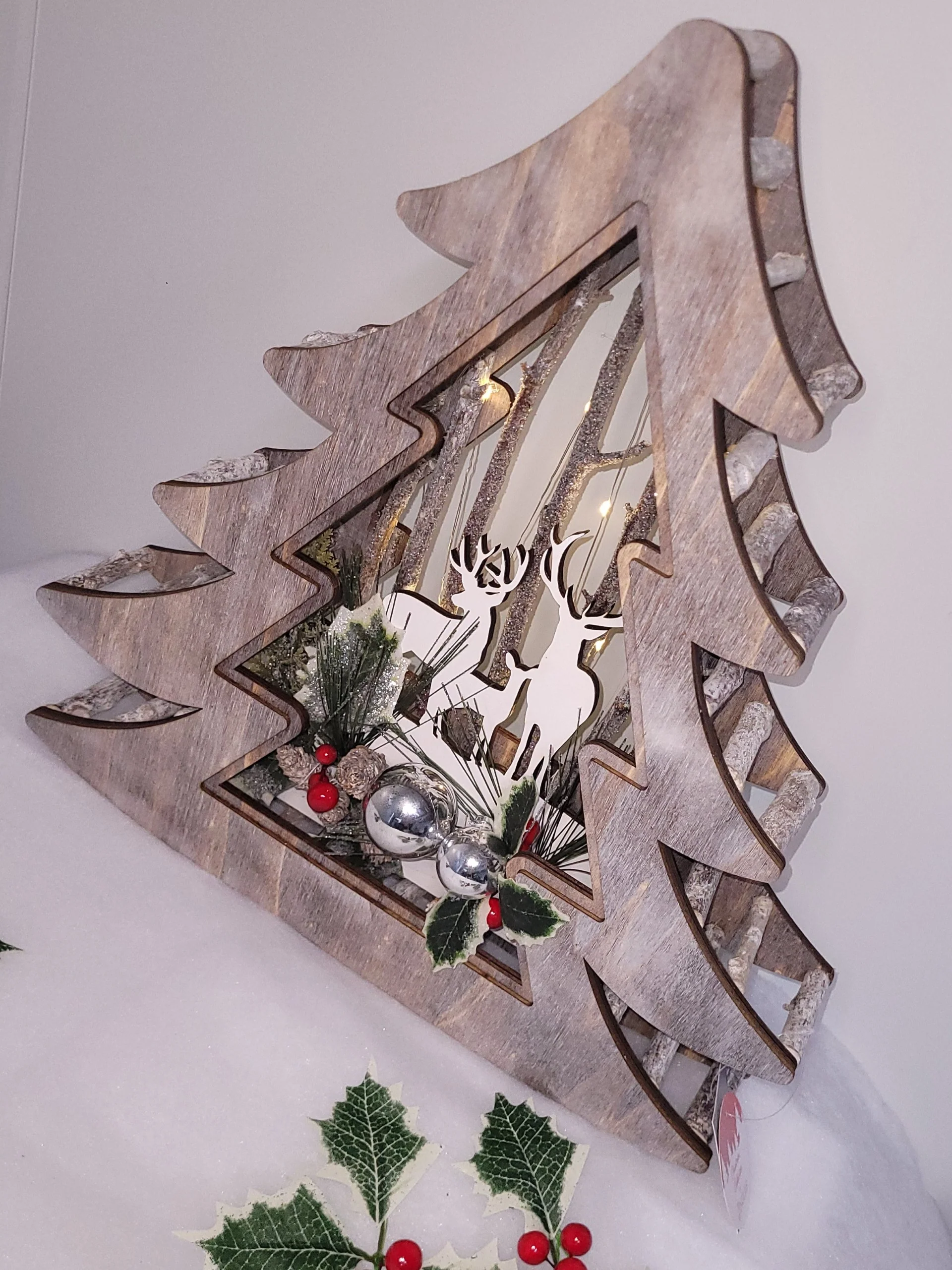 Wood Effect Christmas Tree 38cm with Deer Scene and Warm White LEDs - Image 8